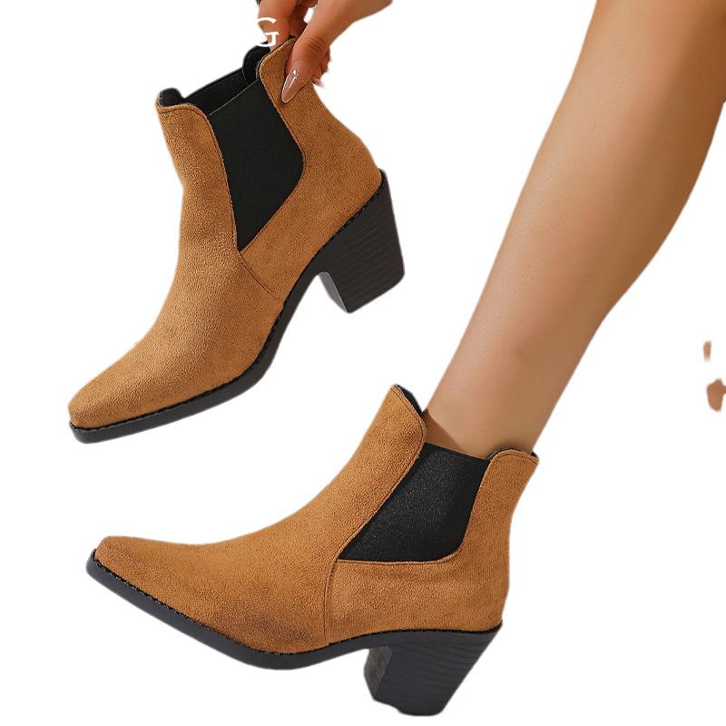 Suede Chunky Women Ankle Boots Pointed Toe Retro Mid Heels Shoes 2025 Trend Winter Classic Pumps Goth Chelsea Botas De Mujer