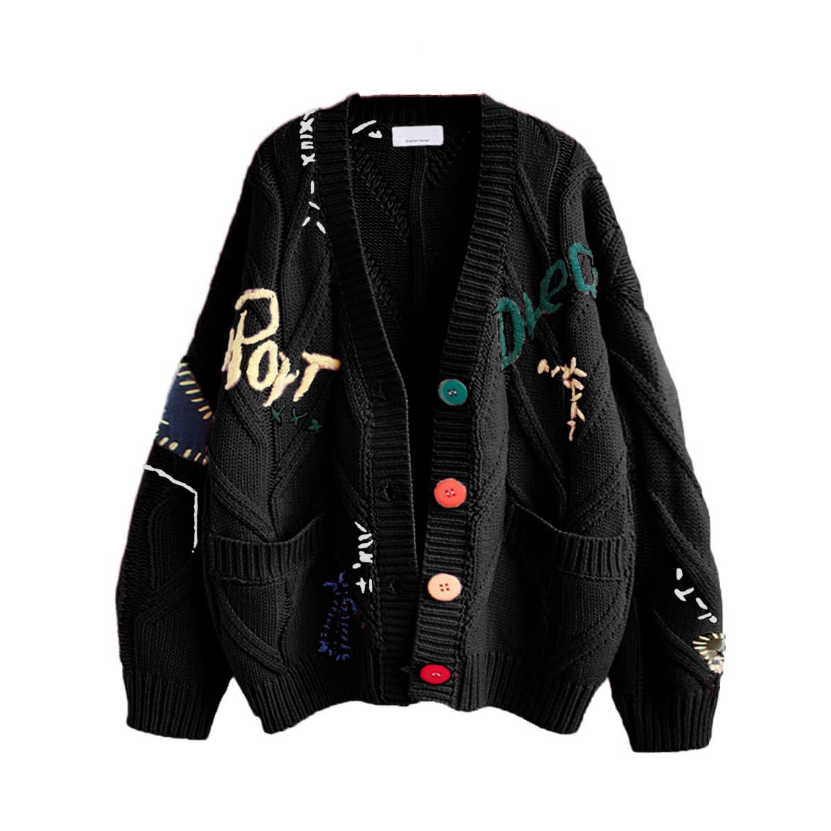 

Women s Cable Knit Long Sleeve Open Front Cardigan Sheep V-Neck Button Down Embroidery Wool Blend Sweater Coat Outwear average size чорний