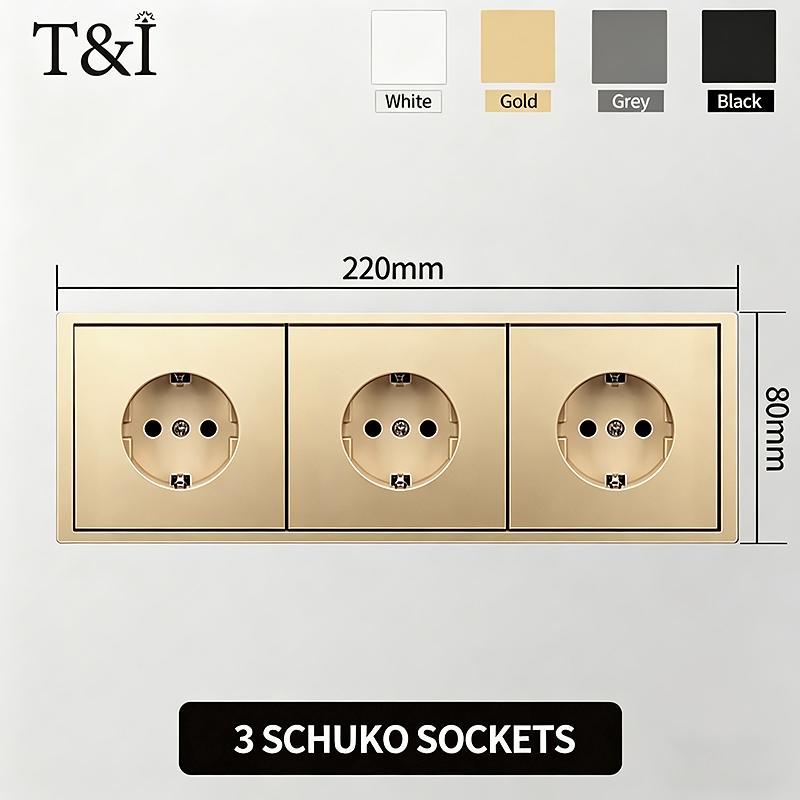 Flush Mount EU Electrical Socket 16A 250V with USB Type-C Charging 1/2 Gang Switch, 80x80mm Golden Panel for European Standard