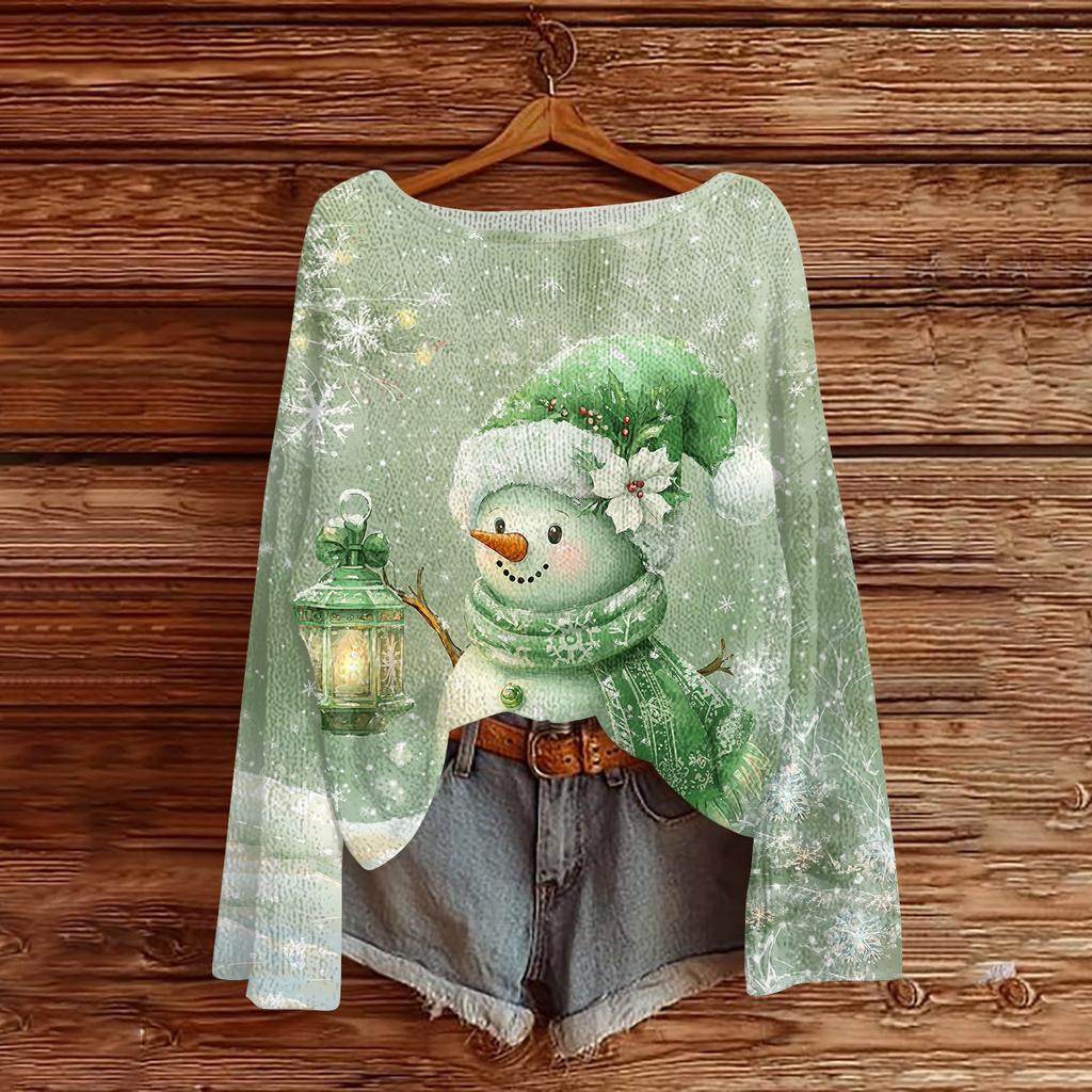 Women's Fashion Christmas Print Lightweight Sweater Casual Long-Sleeve Knit Pullover Top