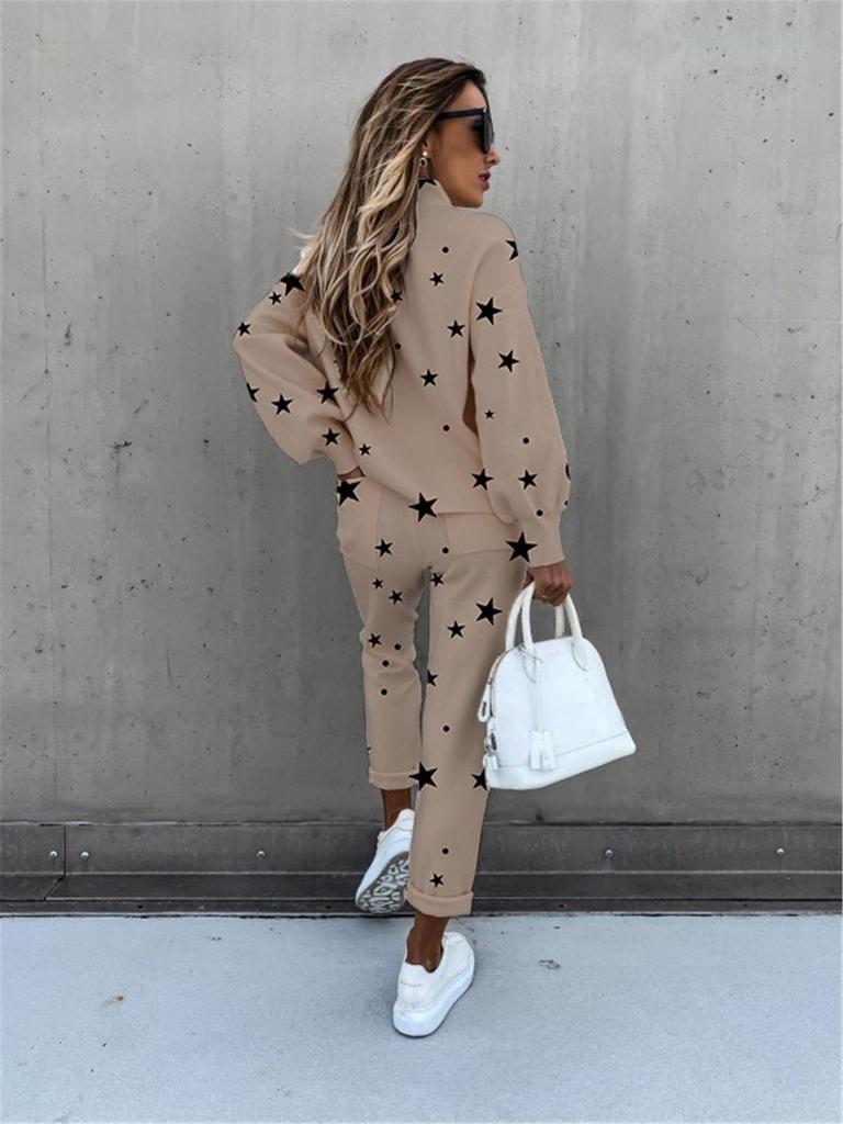 WomenTie-Dye Printed High Neck Lace-up Long Sleeve Fashion Casual Trousers Suit