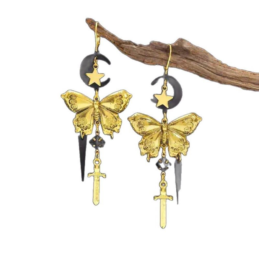 Retro Exaggerated Black Moon Gold Color Butterfly Star Sword-shaped Tassel Pendant Earrings for Women Exquisite Charm Jewelry