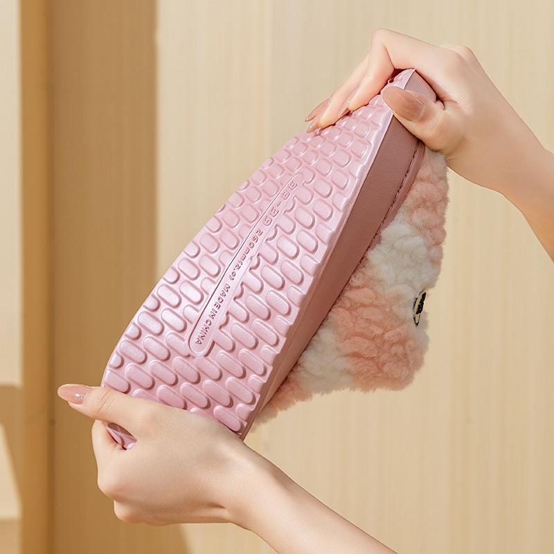 Double-spell Diagonal Striped Cotton Slippers Plush Embroidered Cotton Mop Autumn and Winter Home Warmth Lightweight Couple Hair Slippers