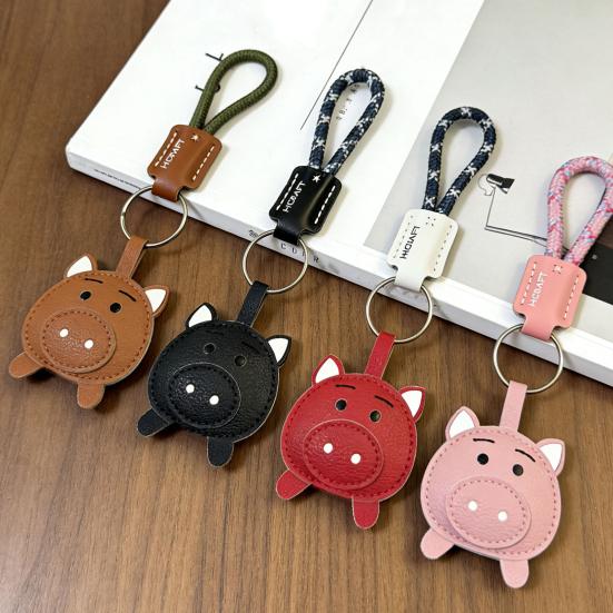 Keychain Pendant Imitation Leather 3D Piggy Shape Key Pendant with Metal Ring Anti-Slip Lanyard Bag Charm Accessory