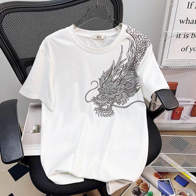 T-shirt Trendy da Uomo a Maniche Corte con Drago di Strass - Stile Celebrità Estivo