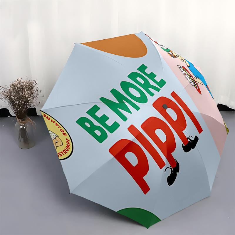 Pippi Langstrumpf Themen-ReiseregenSchirm - 8 Rippen, Automatisches Öffnen und Schließen, Tragbares FaltDesign, Kompakter und Stilvoller Schirm Geeignet