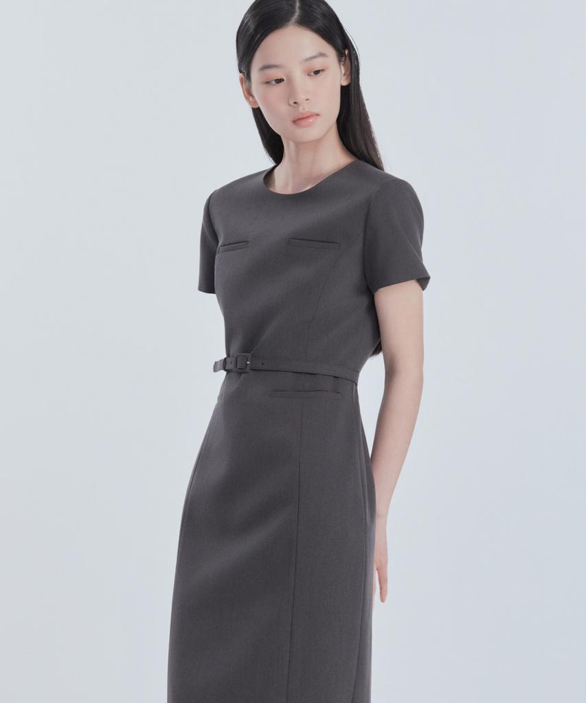 Mausolleum Belted Round Neck Long Suit Dress - Charcoal