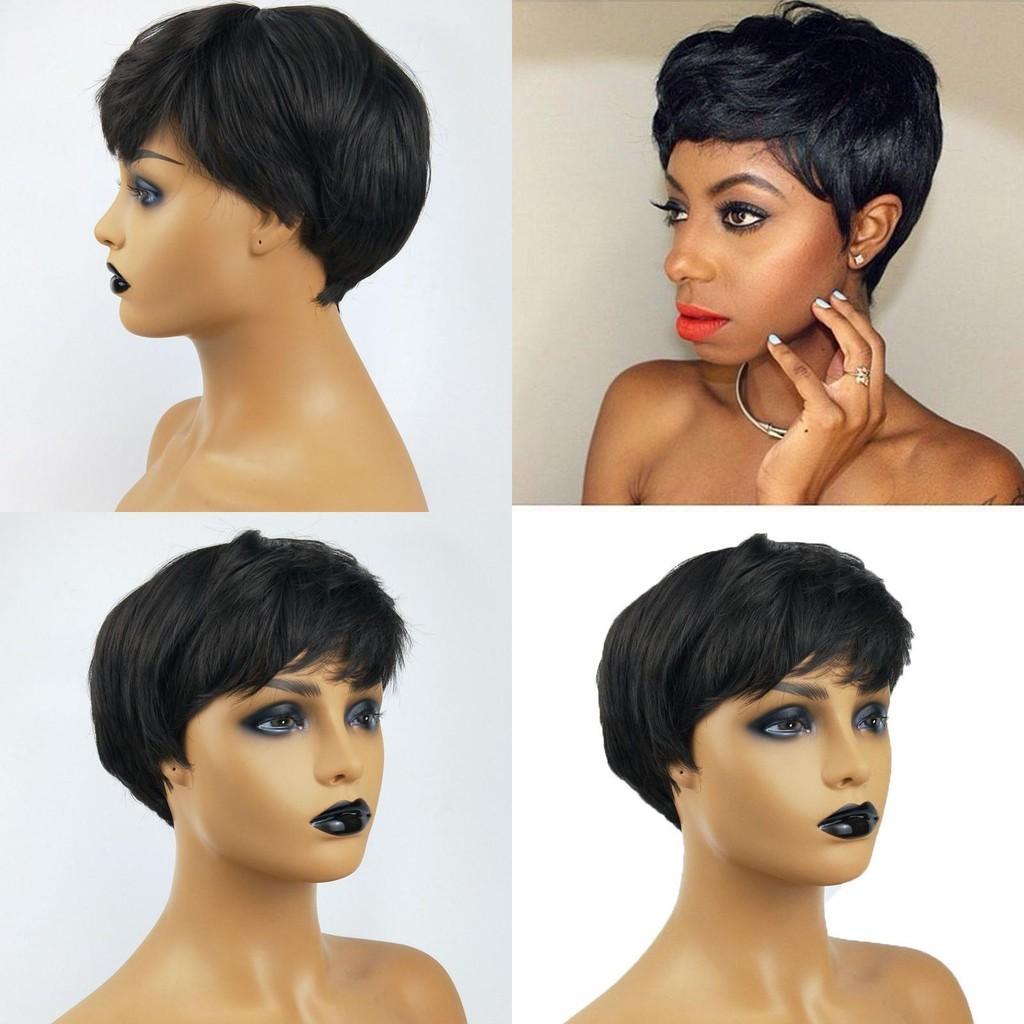 Elegant Pixie Cut Synthetic Wigs Short Hair Straight Black Wigs With Bangs For Women