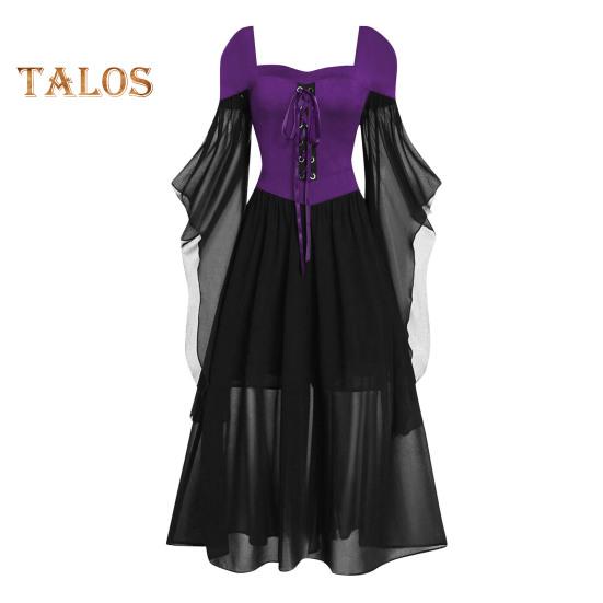 Vinatge Damenkleid, unregelmäßige Hornärmel, einfarbig, A-Linie, großer Saum, schmale Taille, plissierter Schnürriemen, mittelalterliche Halloween-Party, Cosplay-Kostümparty