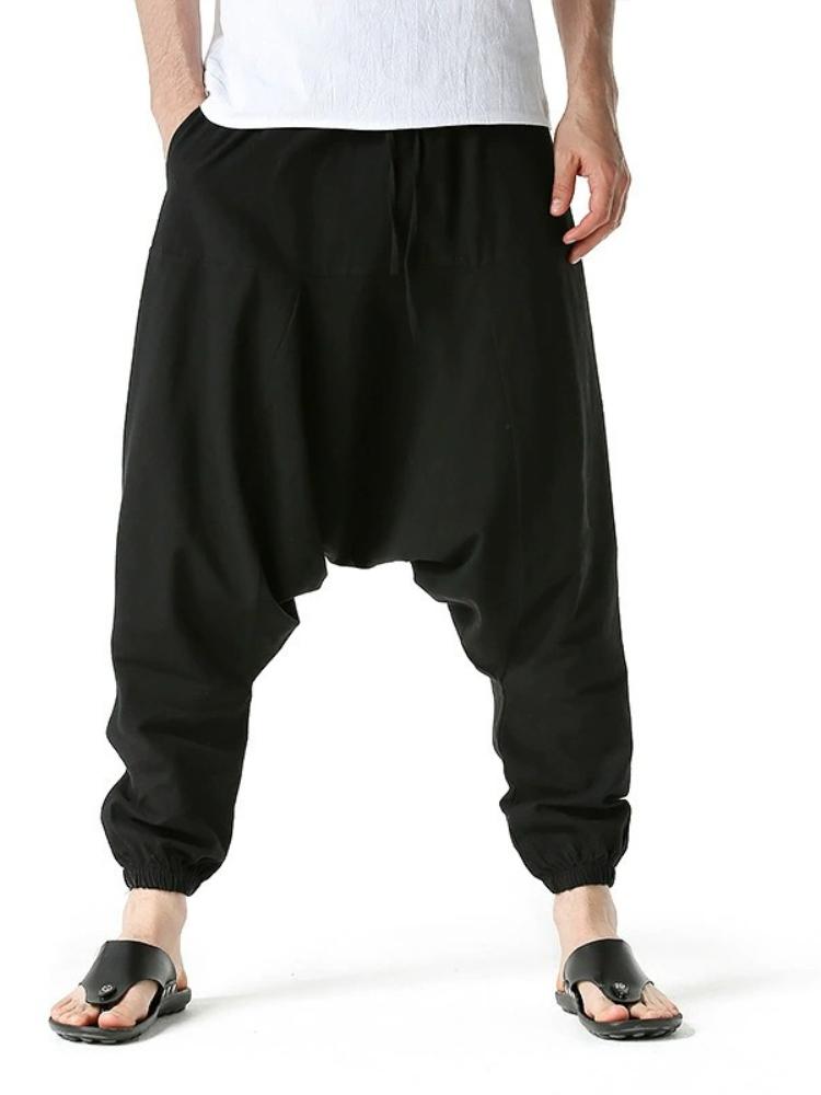 

Harem Pants for Men Cotton Linen Drop Crotch Cozy Streetwear Loose Fit Breathable Lightweight Long Pants Male Joggers S чёрный