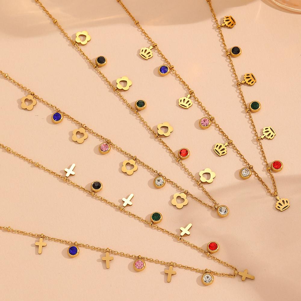 European Style Stainless Steel Crown Cross Necklace with Colorful Diamond Pendants for Women