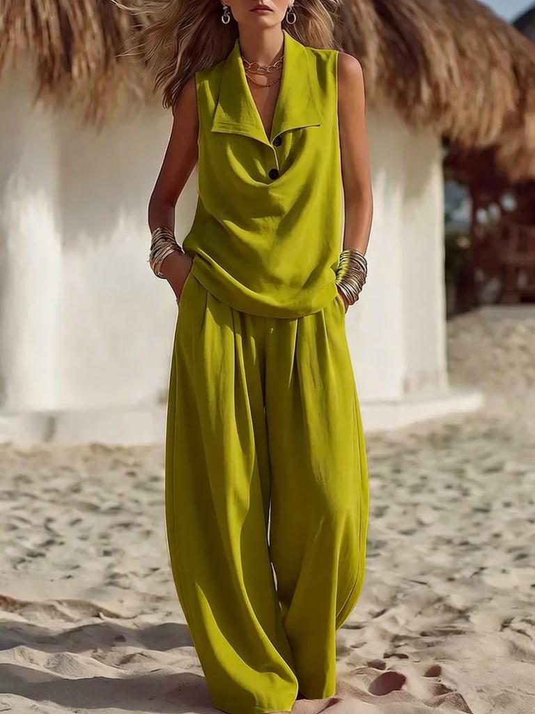 Women Two Piece Outfit Sleeveless Collar Top Wide Leg Pants Set Casual Summer Set