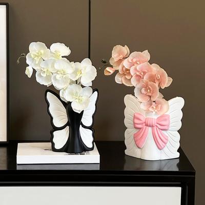 Jarrón de Flores de Vinilo de Mariposa Moderno Contenedor Soporte para Flores con Lazo Decorativo Centro de Mesa para Hogar Oficina Jarrón Decorativo para Plantas Florales