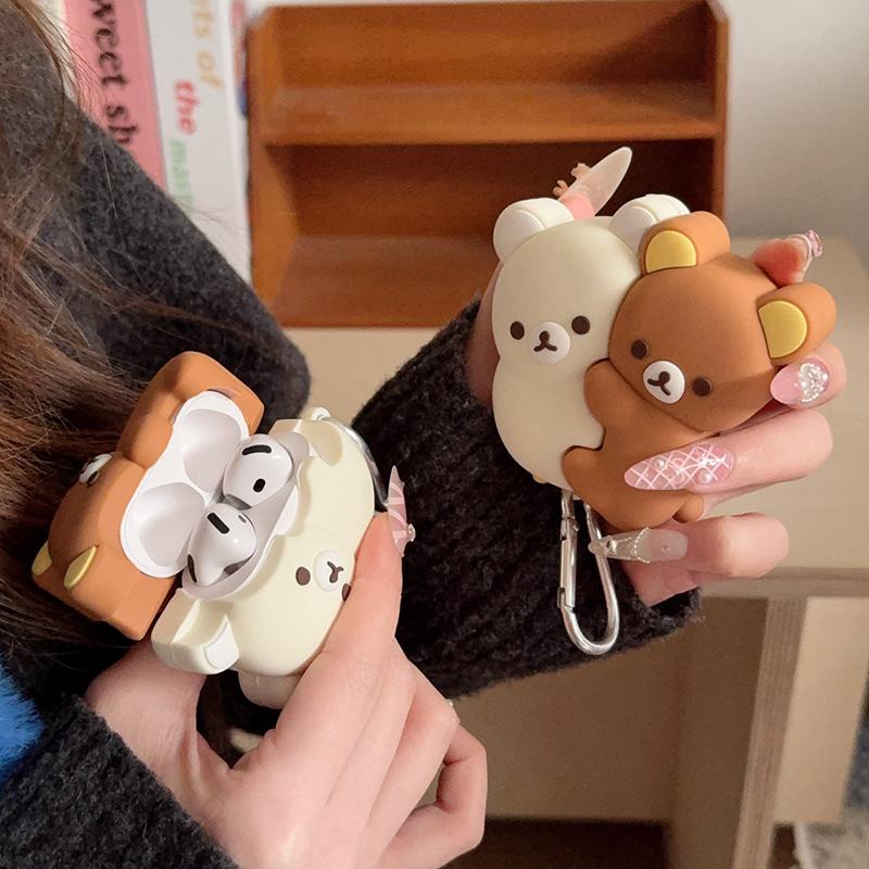 Cute Hug Brown White Bear Silicone Bluetooth Earphone Case Cartoon Protective Case For Airpods Universal 1 2 3 4 Pro/Pro2