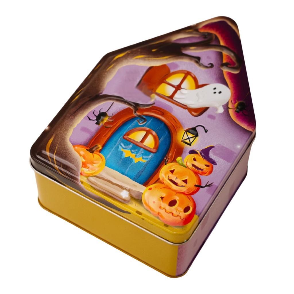 Halloween Themed House Shaped Tin Storage Box Desktop Organizer Container with Lid for Small Items and Office Supplies