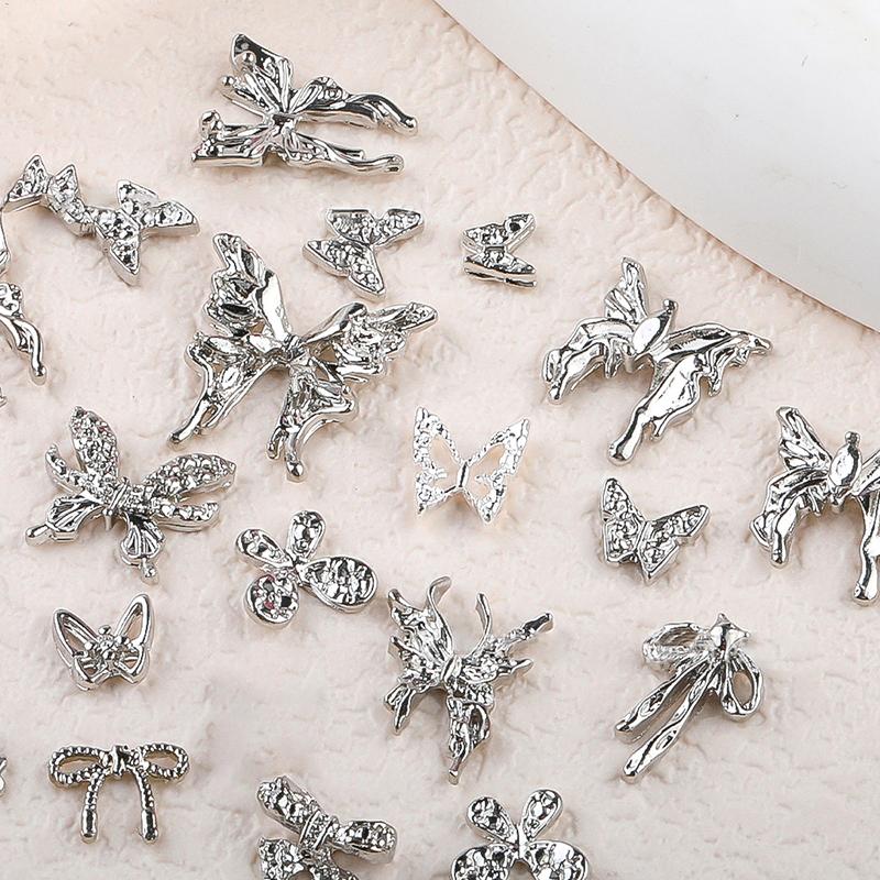 20Pcs Silver Alloy Butterfly Nail Art Bow Charms Accessories Parts For Manicure Doecr Retro Nails Decoration Design Supplies