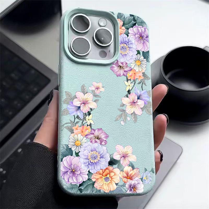 Flower Print Soft Phone Case For iPhone 16 15 14 Pro Max 16 Plus 12 13 Pro 11 Luxury Leather Texture TPU Shockproof Cover Fundas