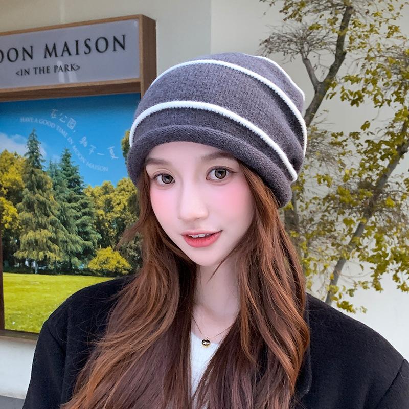 Curly Striped Woolen Hat for Women In Spring and Autumn Breathable and Versatile Pullover Knitted Hat Cold Proof and Warm, Ear-protecting Pile Hat