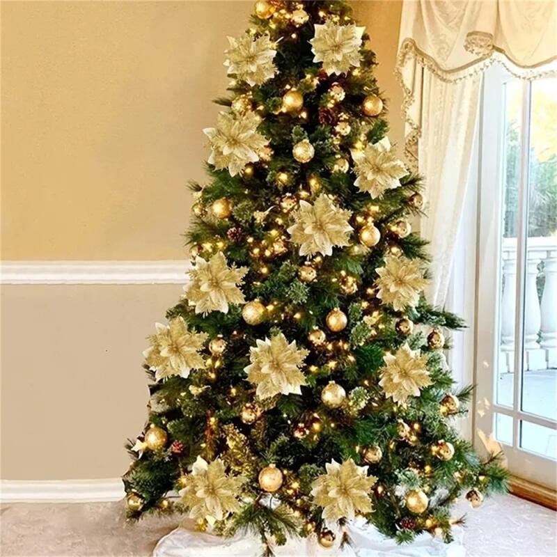 5/10/20Pcs Christmas Flower Ornaments,pink,red,gold,glitter Artifical Flowers for Christmas Tree,xmas Decoration for Home