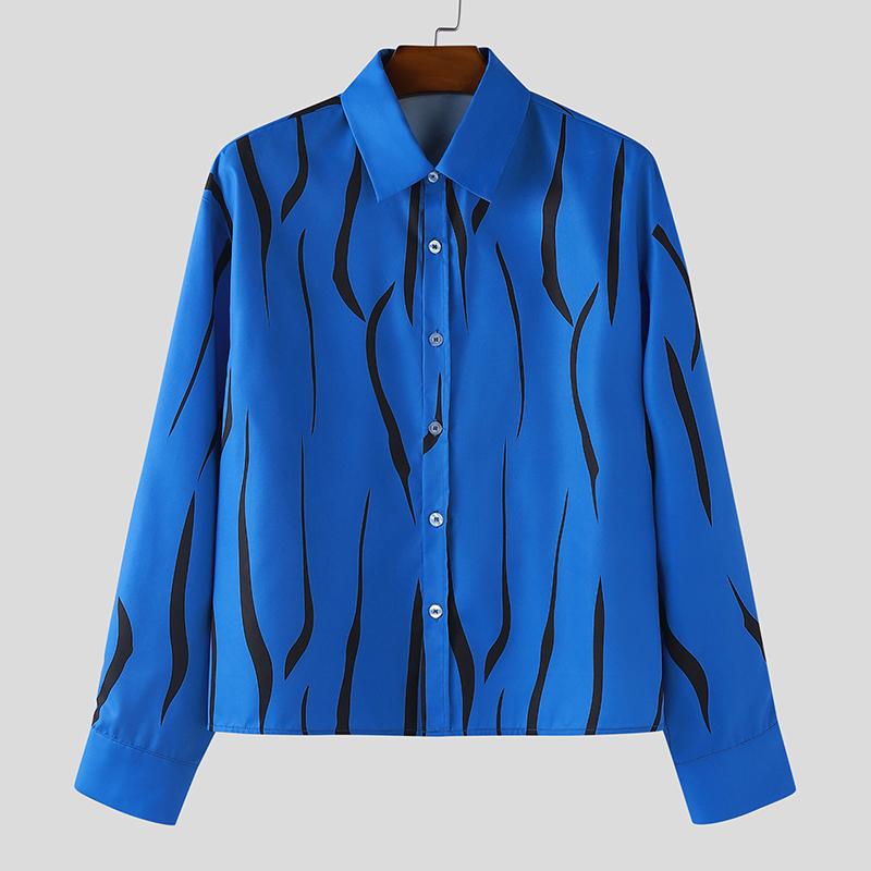 INCERUN Oversized Men Lapel Neck Long Sleeve Striped Casual Loose Shirts