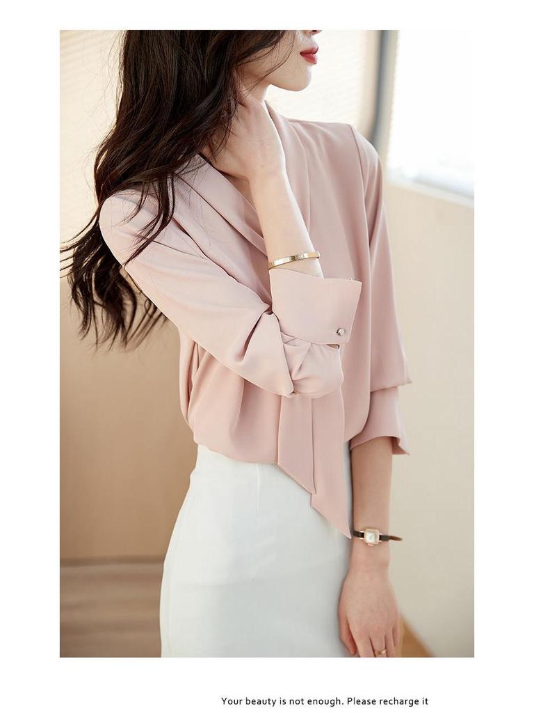 2024 High-End Dame Chiffon Båndbluse - Slankende Langermet, Allsidig Vår/Høst Mote