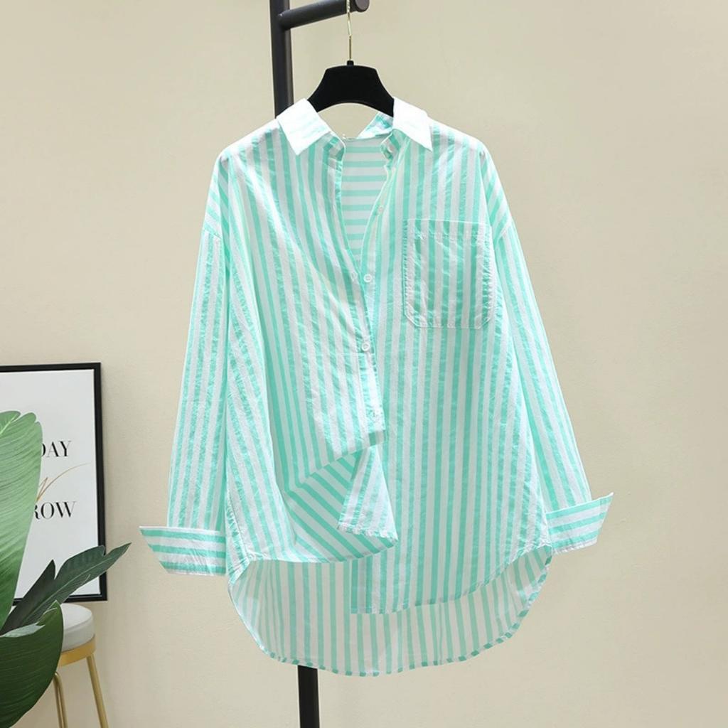 Spring and Summer Long-sleeved Shirt Women's Fashion Casual Vertical Striped Loose Shirt Women