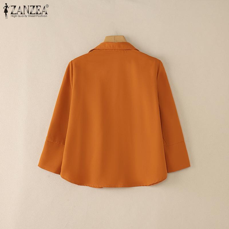 ZANZEA Women Turn Down Collar Solid Color Casual 3/4 Sleeve Blouse