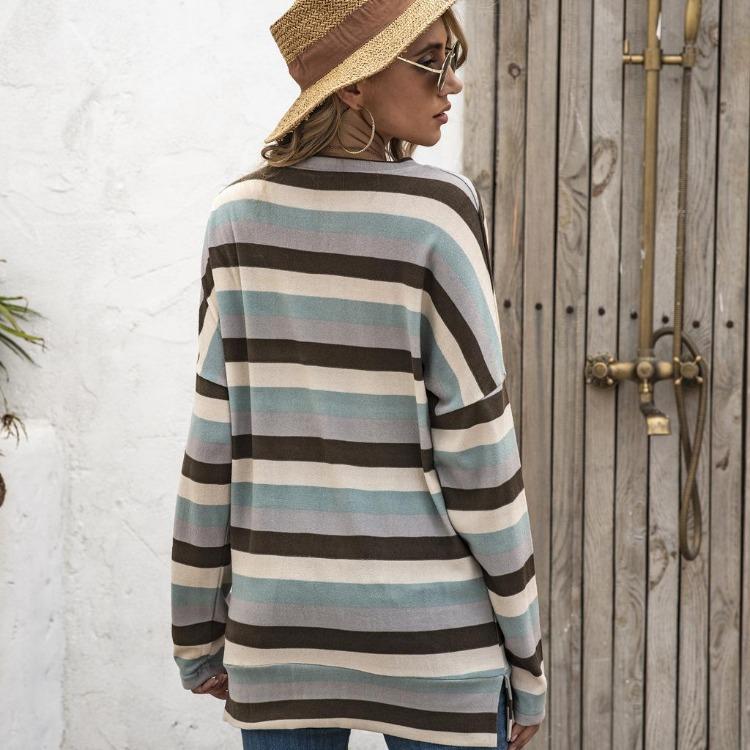 Oversize Women Loose Stripe Sweatshirt Sweater Round Neck Tshirt