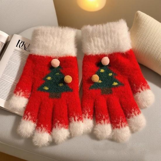Knitted Christmas Gloves Unisex Christmas Tree Pattern Gloves Winter Touch Screen Fuzzy Gloves
