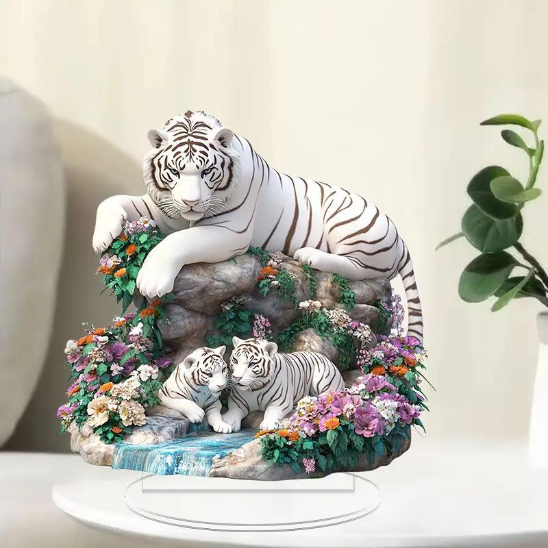 Bohemian White Tiger Acrylic Desk Decoration with Floral Accents