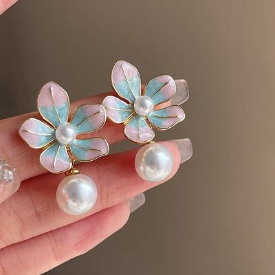 Sweet Imitation Pearl Flower Earrings Korean Charm Dangle Drop Earrings For Women Cute Accessories Jewelry Girls Gifts