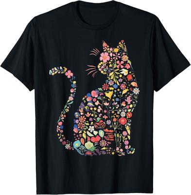 Floral Cat Silhouette T-Shirt Men Casual Breathable Cotton Graphic Tee