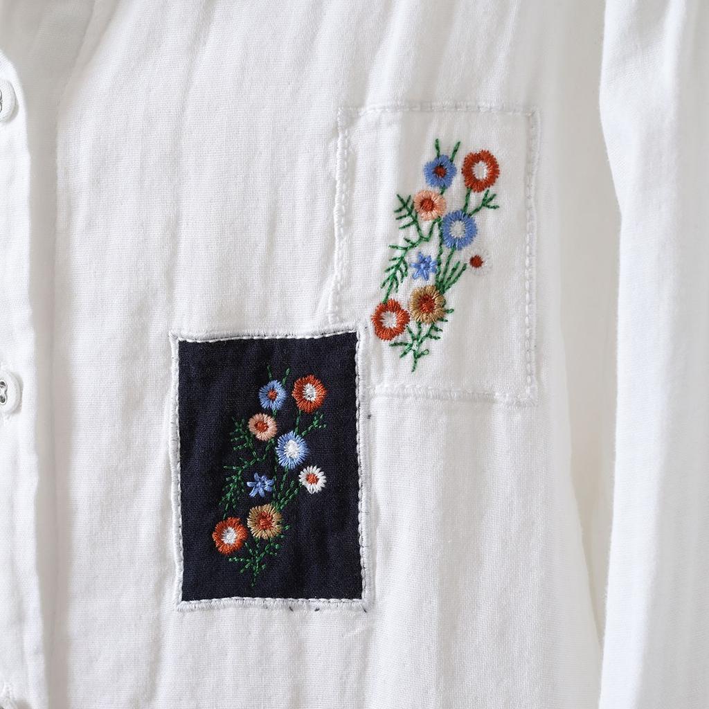 Spring Autumn Embroidered Shirt Cotton Doll Collar Vintage Artistic Versatile Top