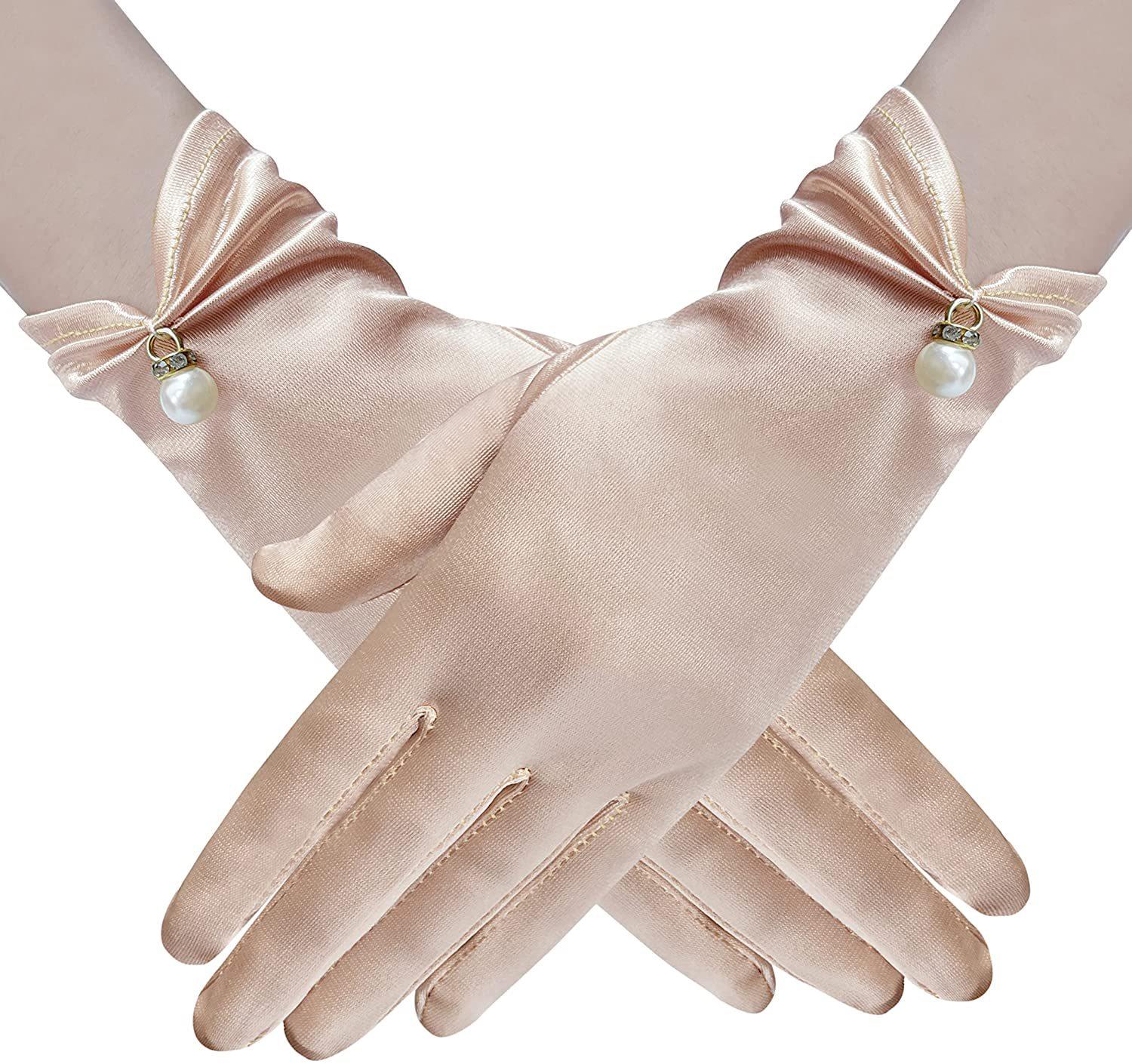 

Женские солнцезащитные эластичные тонкие варежки с защитой от ультрафиолета, атласные жемчужные подвески, короткие перчатки шампанского