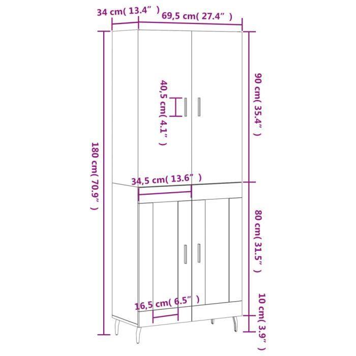VidaXL Buffet haut Noir 69,5x34x180 cm Bois d'ingénierie 3195748