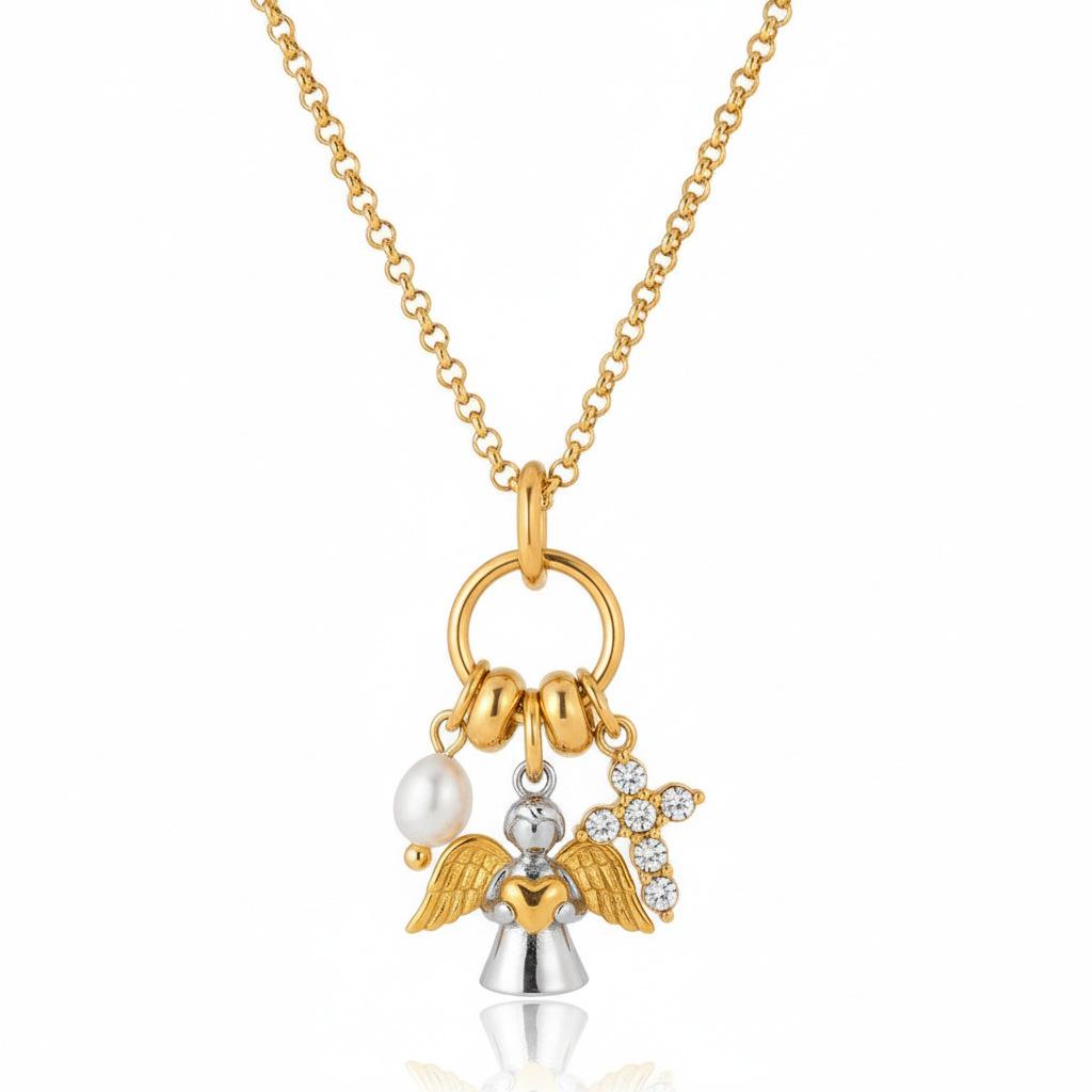 Angel Pendant Necklace Cross Pearl Diamond Fashion Accessories Commuter Versatile Jewelry Women