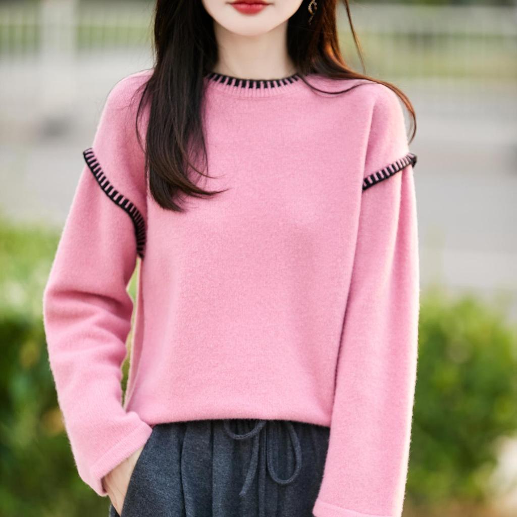 Women's Autumn/Winter Hand-Stitched Contrast Color Wool Pullover Sweater