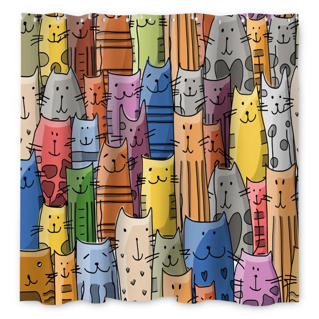 Funny Cat Shower Curtain Cartoon Cute Cats Dog Kids Shower Curtain for Bathroom Waterproof Polyester Home Decor Shower Curtains