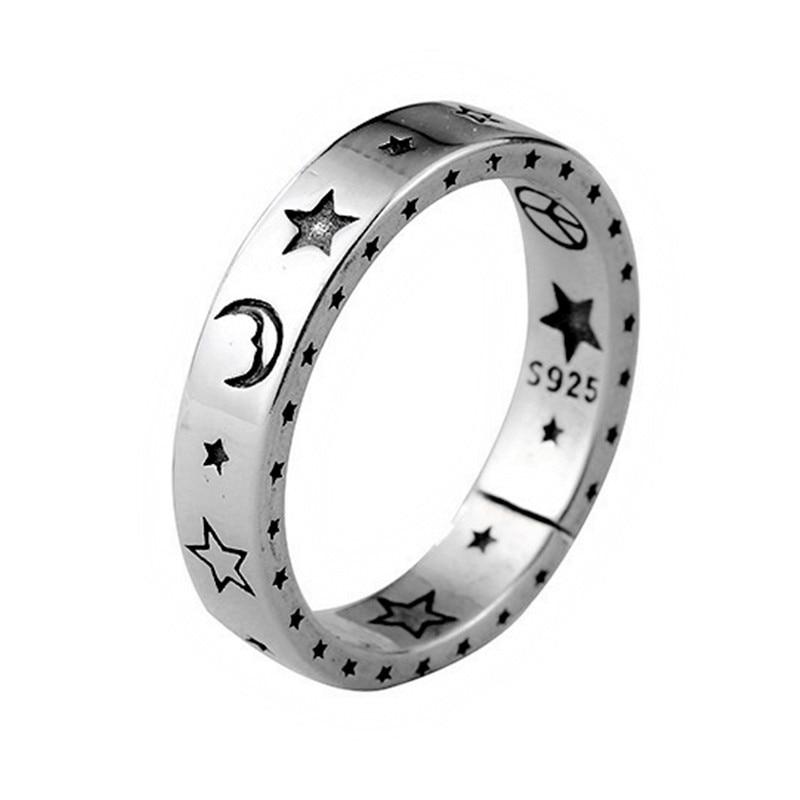 925 Sterling Silver Women Moon Star Open Ring Smiling Face Finger Rings Lady Vintage Fine Party Jewelry Gift