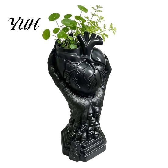 Unique Gothic Art Gift Hand Holding Human Heart Organ Vase, Anatomical Shaped Devil Palm Flower Pot Spooky Halloween Desktop for Living Room