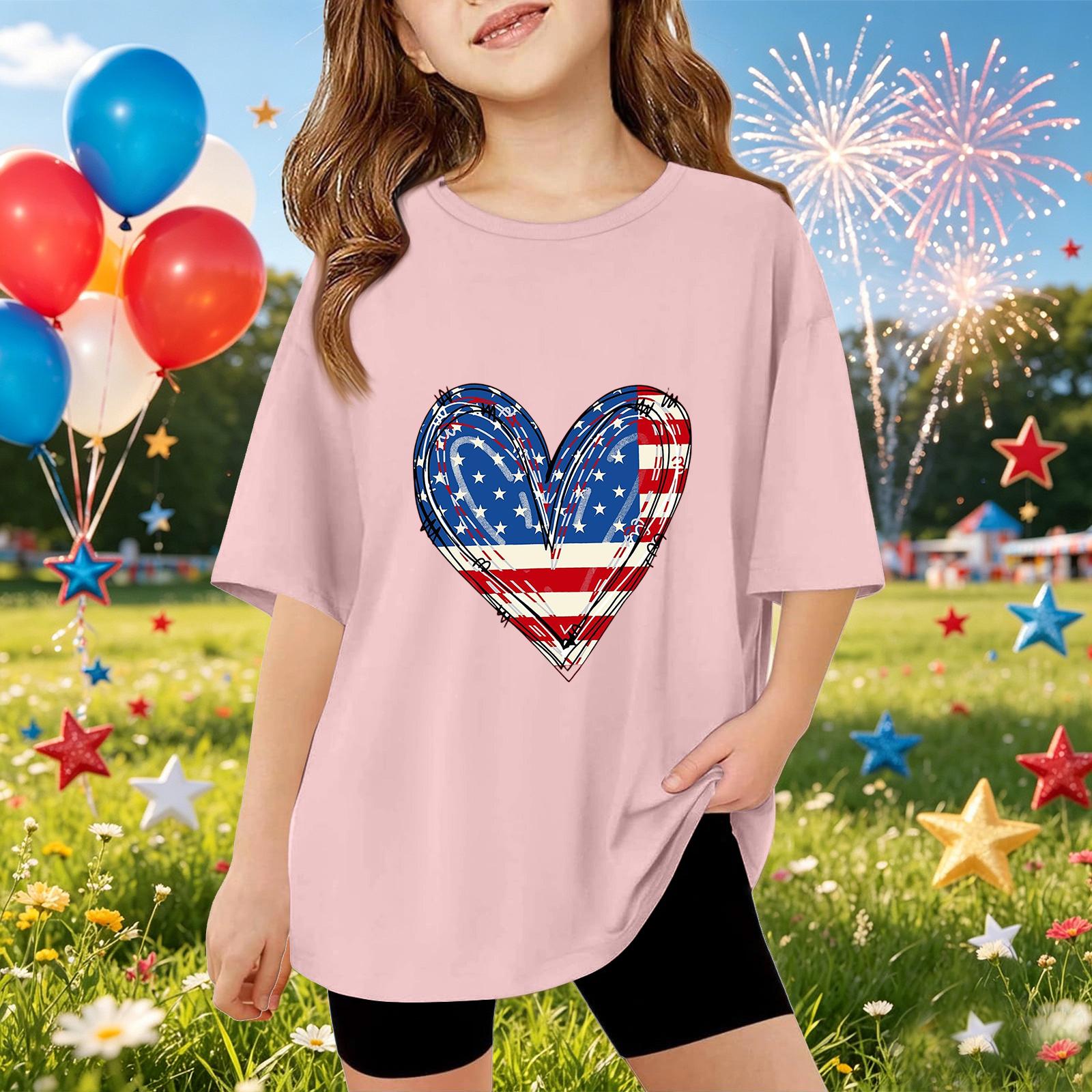 

Kids Short Sleeve T Shirt Independence Day Print Top Casual Loose Fit Lightweight Summer Tee for Boys Girls 150 розовый