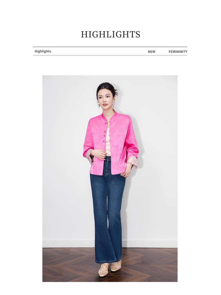 Women's Autumn Reversible Jacquard Jacket - New Chinese Style with Auspicious Dragon & Fortune Fish Design