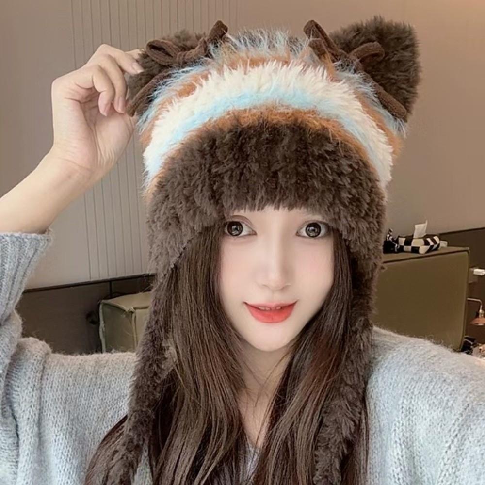 Fashion Cold-proof Faux Fur Beanies Hat Thicken Cold Protection Winter Anti Cold Hat Knitted Bobble Cap Women Accessories