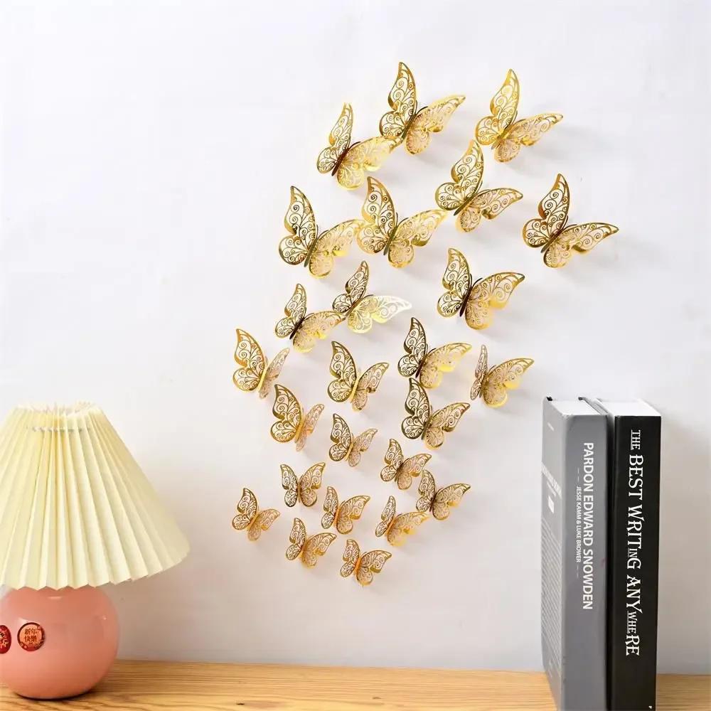 12 Peças Adesivos de Parede Borboletas 3D Borboletas Vazadas Decalques Borboletas Decoração de Arte de Parede Para Casamento Festa Decoração de Casa Adesivos