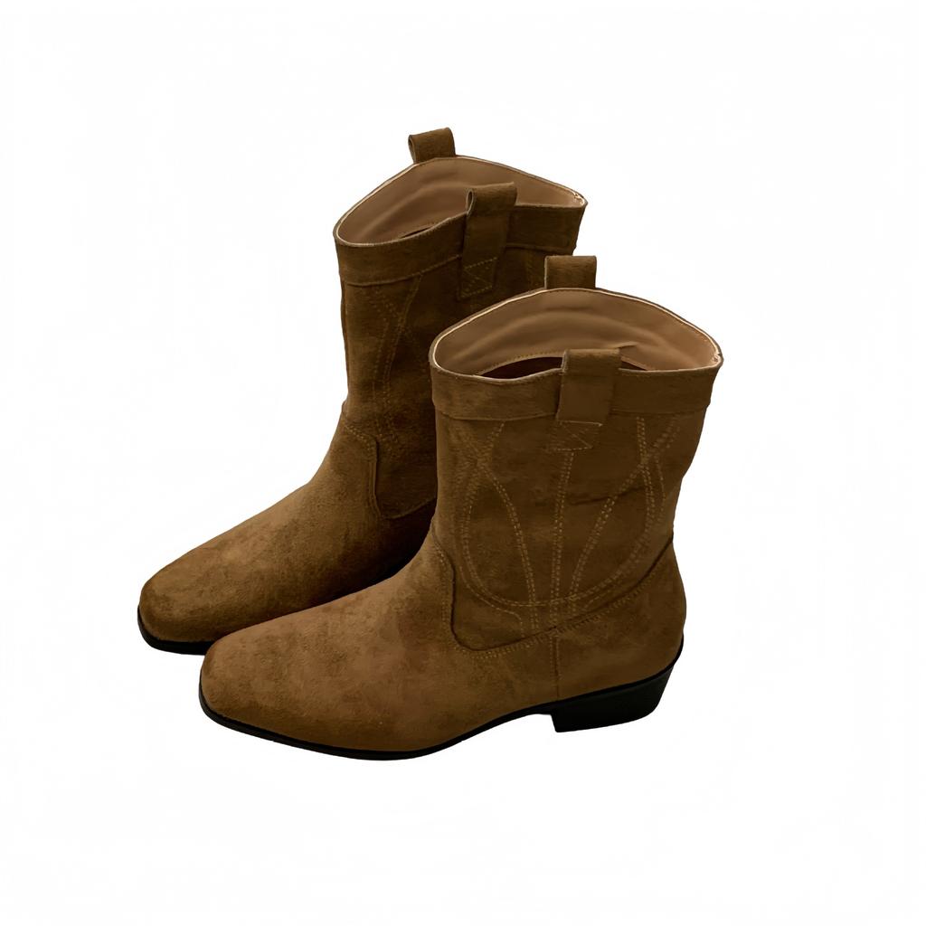 French Square Head Mori Western Boots 2025 Autumn and Winter New Versatile Simple V-mouth Thick Heel Thin Short Boots