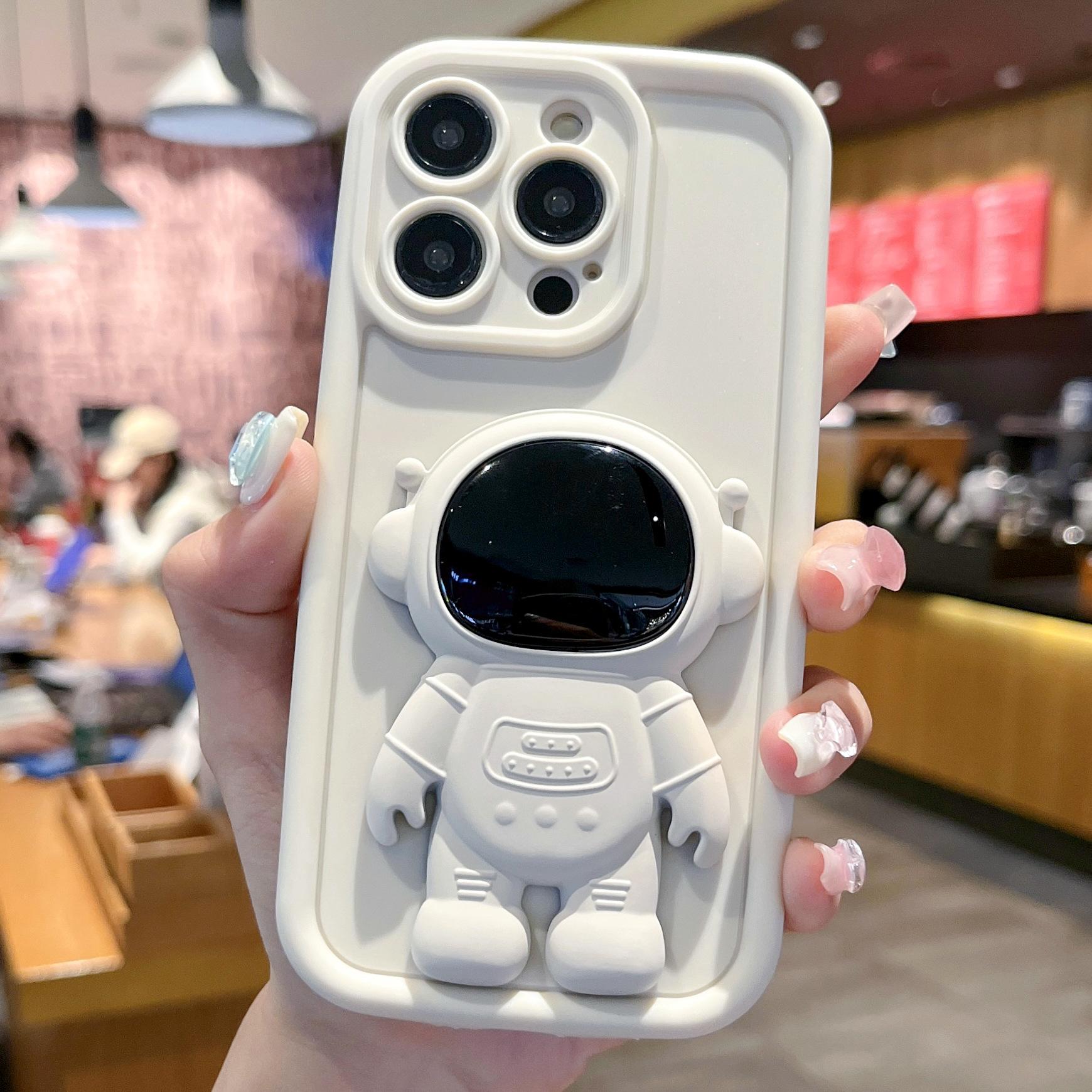 

For iPhone 14 Pro Soft Silicone Shockproof Cover with 3D Astronaut Kickstand White