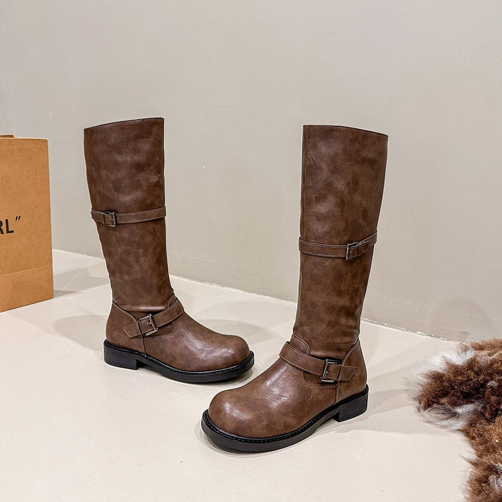 Thick-soled heightened round head retro belt buckle rubbed color versatile thick heel boots women's autumn and winter high school boots knight boots