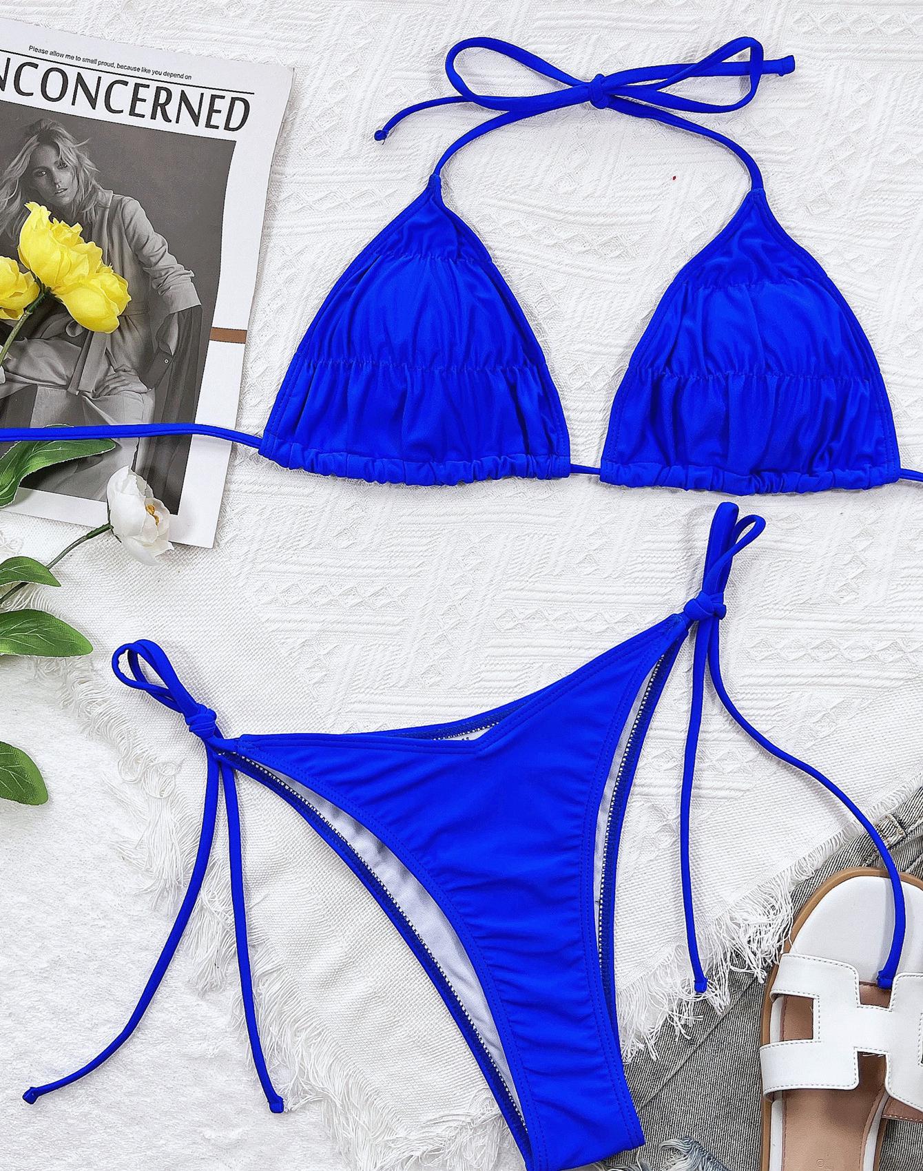 

Женский купальник, сплошной цвет, сексуальный комплект бикини с треугольной лямкой и завязкой на спине, 5 цветов S королевский синий