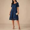 Women's Round Neck Short Sleeve Midi Dress Loose Fit High Waist Elegant Floral Jacquard Chiffon Casual Shift Dress
