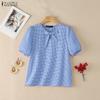 Women Grid Print Casual Round Neck Short Sleeve Blouse